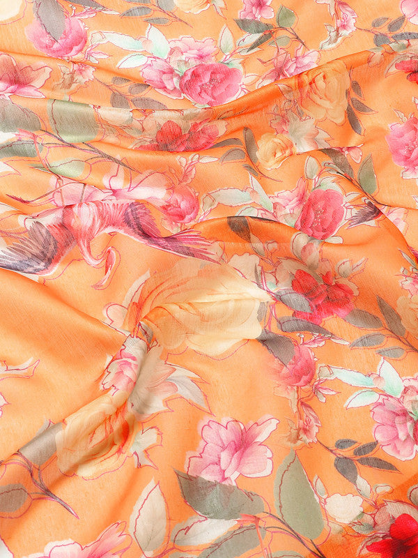 Orange Pure Cotton Printed Floral Saree with Unstitched Blouse - Hiral Fashion - Distacart