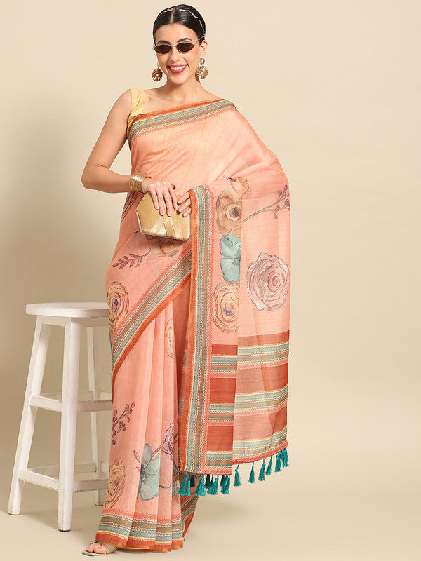 Peach Pure Cotton Printed Floral Saree with Unstitched Blouse - Hiral Fashion - Distacart