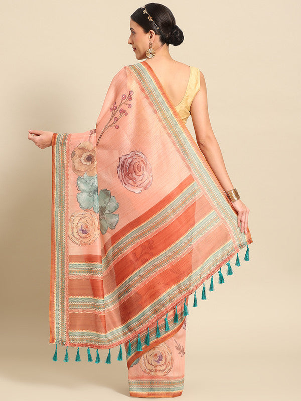 Peach Pure Cotton Printed Floral Saree with Unstitched Blouse - Hiral Fashion - Distacart