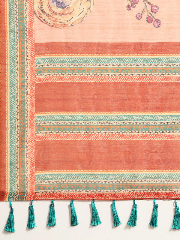 Peach Pure Cotton Printed Floral Saree with Unstitched Blouse - Hiral Fashion - Distacart
