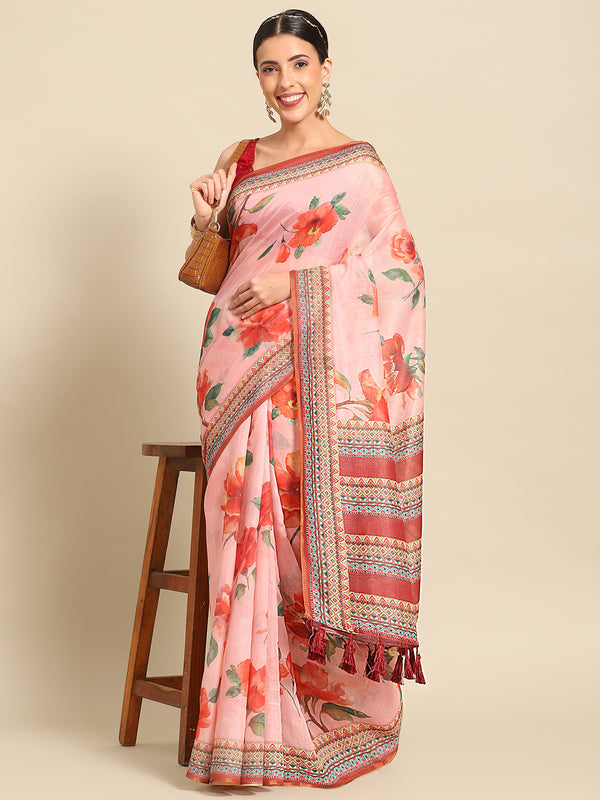 Pink Pure Cotton Printed Floral Saree with Unstitched Blouse - Hiral Fashion - Distacart