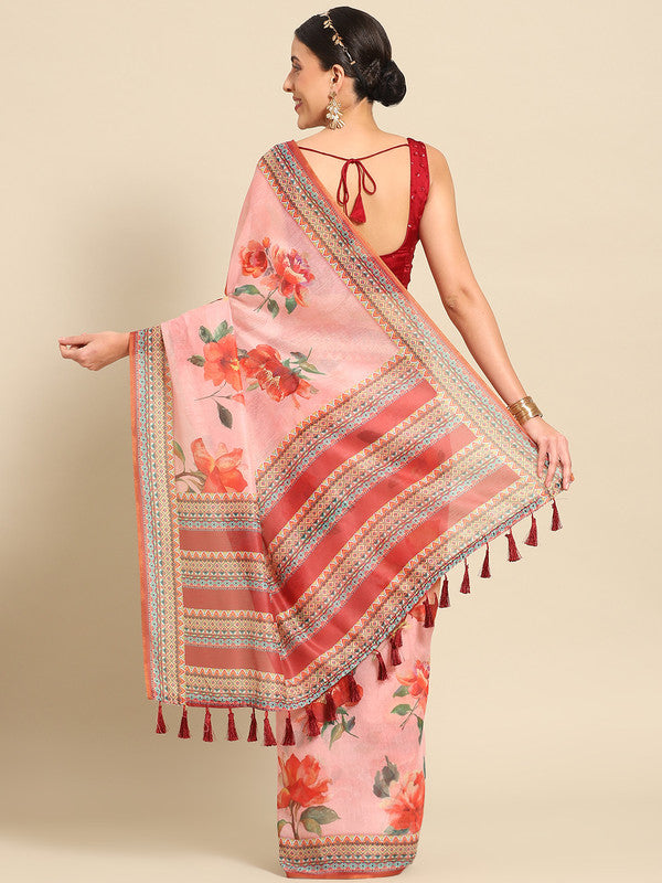 Pink Pure Cotton Printed Floral Saree with Unstitched Blouse - Hiral Fashion - Distacart