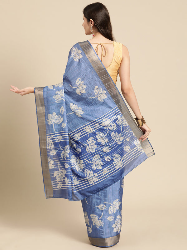 Blue Silk Blend Digital Print Floral Saree with Unstitched Blouse - Hiral Fashion - Distacart