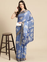 Thumbnail for Blue Silk Blend Digital Print Floral Saree with Unstitched Blouse - Hiral Fashion - Distacart