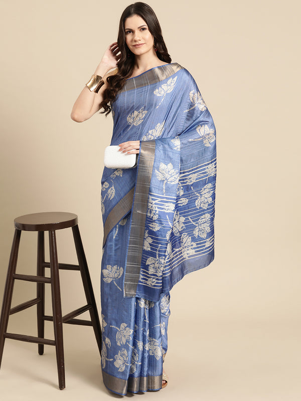 Blue Silk Blend Digital Print Floral Saree with Unstitched Blouse - Hiral Fashion - Distacart