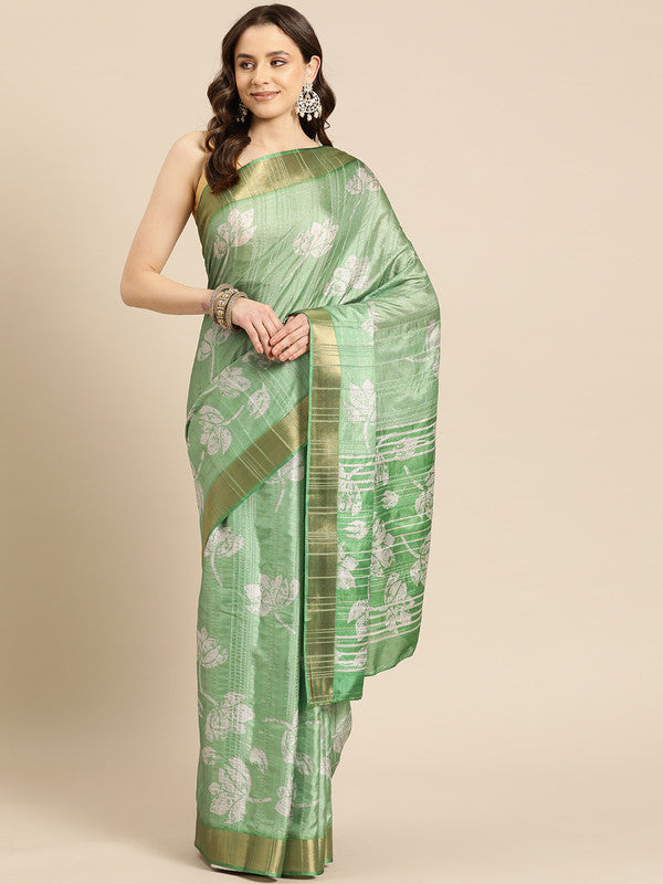 Green Silk Blend Digital Print Floral Saree with Unstitched Blouse - Hiral Fashion - Distacart