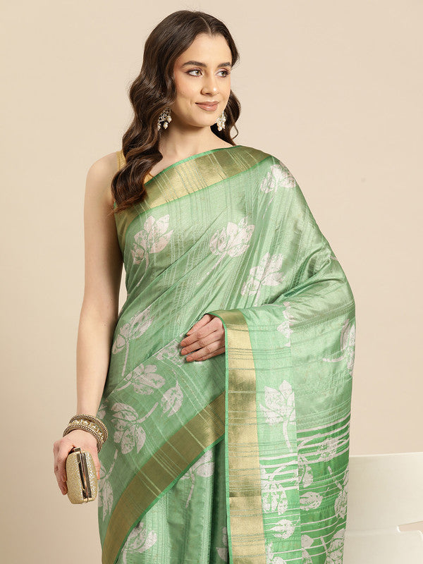 Green Silk Blend Digital Print Floral Saree with Unstitched Blouse - Hiral Fashion - Distacart