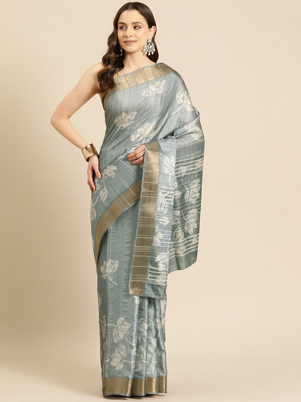Gray Silk Blend Digital Print Floral Saree with Unstitched Blouse - Hiral Fashion - Distacart