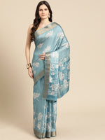 Thumbnail for Turquoise Silk Blend Digital Print Floral Saree with Unstitched Blouse - Hiral Fashion - Distacart