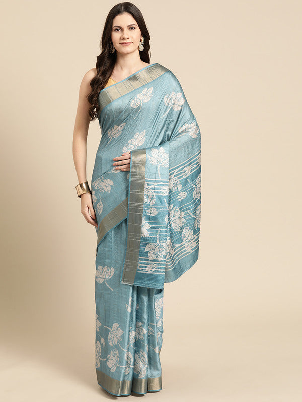 Turquoise Silk Blend Digital Print Floral Saree with Unstitched Blouse - Hiral Fashion - Distacart