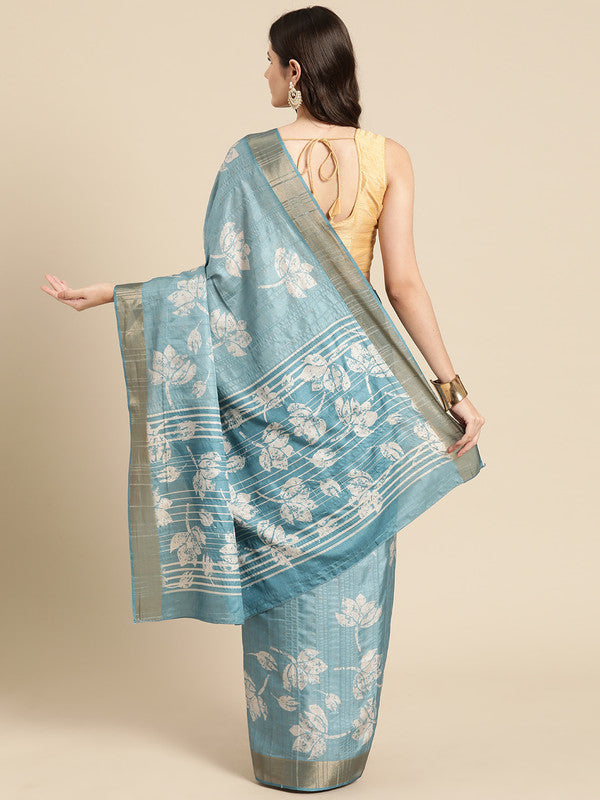 Turquoise Silk Blend Digital Print Floral Saree with Unstitched Blouse - Hiral Fashion - Distacart