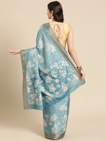 Thumbnail for Turquoise Silk Blend Digital Print Floral Saree with Unstitched Blouse - Hiral Fashion - Distacart