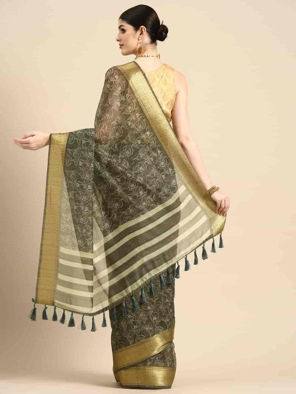 Black Silk Cotton Printed Floral Saree with Unstitched Blouse - Hiral Fashion - Distacart