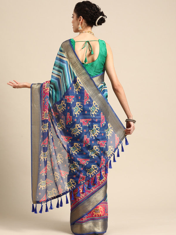 Blue Silk Cotton Printed Striped Saree with Unstitched Blouse - Hiral Fashion - Distacart