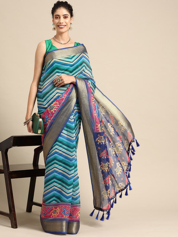 Blue Silk Cotton Printed Striped Saree with Unstitched Blouse - Hiral Fashion - Distacart