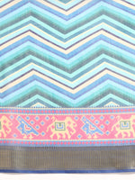 Thumbnail for Blue Silk Cotton Printed Striped Saree with Unstitched Blouse - Hiral Fashion - Distacart