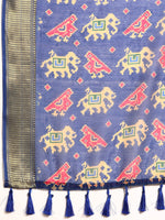 Thumbnail for Blue Silk Cotton Printed Striped Saree with Unstitched Blouse - Hiral Fashion - Distacart