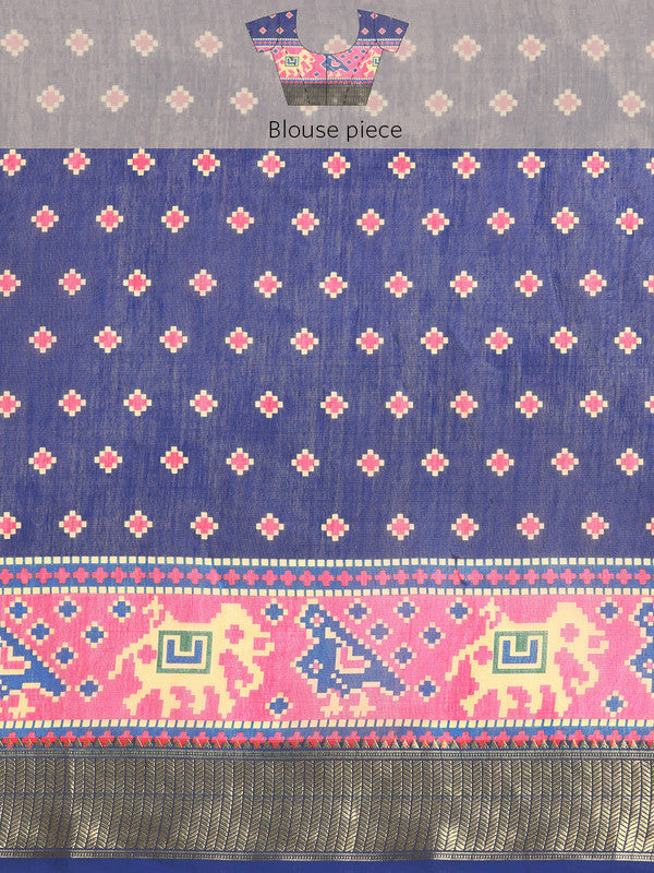 Blue Silk Cotton Printed Striped Saree with Unstitched Blouse - Hiral Fashion - Distacart