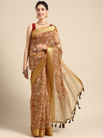 Thumbnail for Brown Silk Cotton Printed Floral Saree with Unstitched Blouse - Hiral Fashion - Distacart