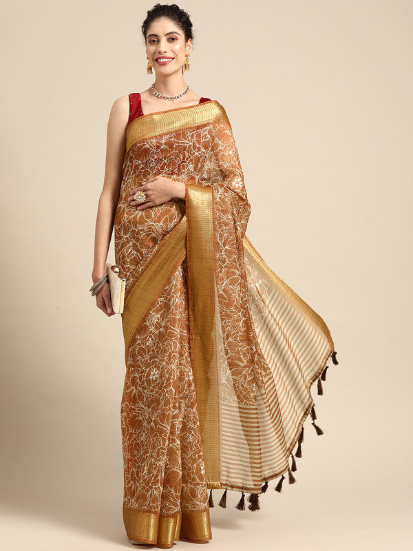 Brown Silk Cotton Printed Floral Saree with Unstitched Blouse - Hiral Fashion - Distacart