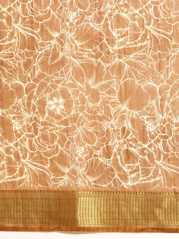 Brown Silk Cotton Printed Floral Saree with Unstitched Blouse - Hiral Fashion - Distacart