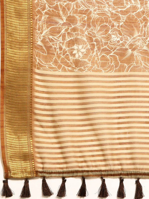Brown Silk Cotton Printed Floral Saree with Unstitched Blouse - Hiral Fashion - Distacart