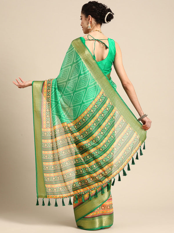 Green Silk Cotton Printed Geomatric Saree with Unstitched Blouse - Hiral Fashion - Distacart
