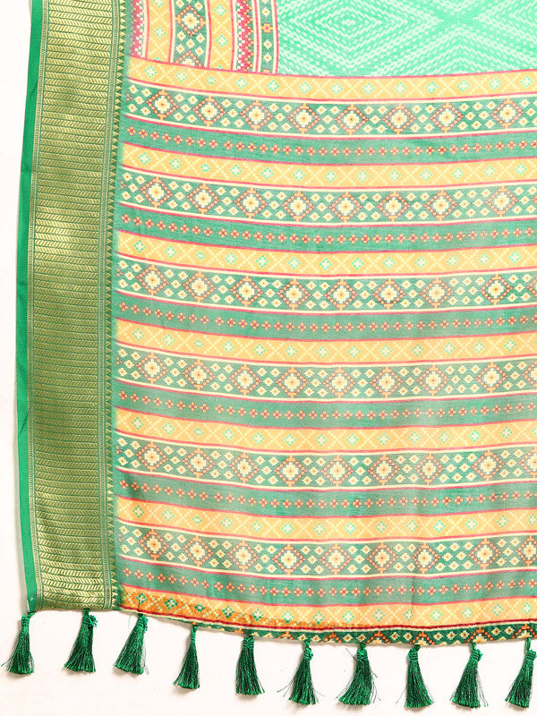 Green Silk Cotton Printed Geomatric Saree with Unstitched Blouse - Hiral Fashion - Distacart