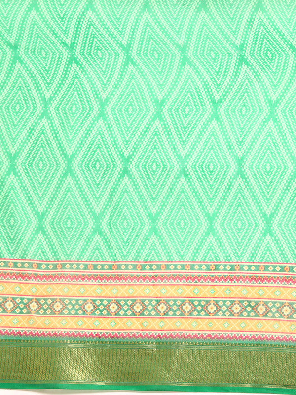 Green Silk Cotton Printed Geomatric Saree with Unstitched Blouse - Hiral Fashion - Distacart