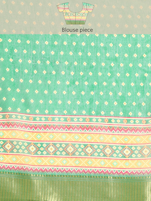 Green Silk Cotton Printed Geomatric Saree with Unstitched Blouse - Hiral Fashion - Distacart