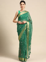 Thumbnail for Green Silk Cotton Printed Floral Saree with Unstitched Blouse - Hiral Fashion - Distacart