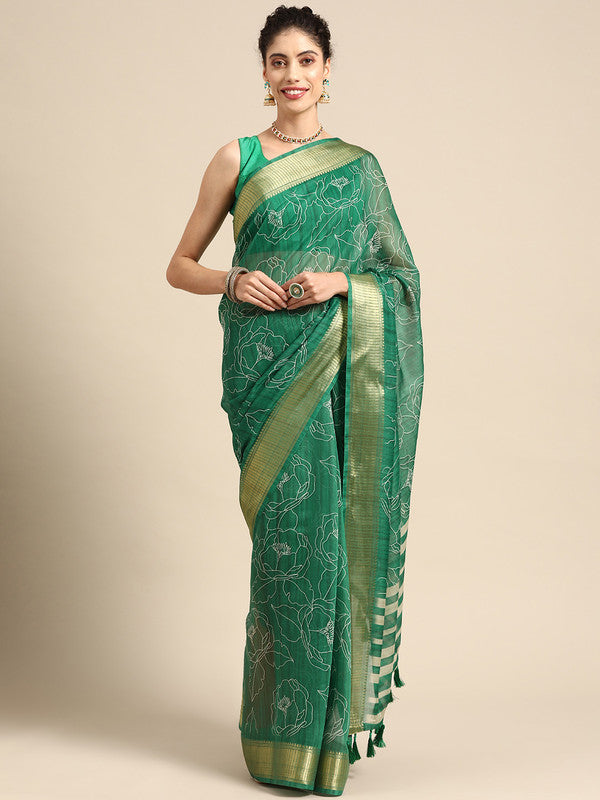 Green Silk Cotton Printed Floral Saree with Unstitched Blouse - Hiral Fashion - Distacart