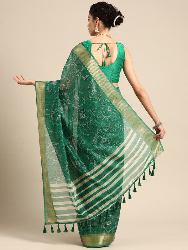 Green Silk Cotton Printed Floral Saree with Unstitched Blouse - Hiral Fashion - Distacart