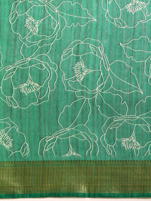 Green Silk Cotton Printed Floral Saree with Unstitched Blouse - Hiral Fashion - Distacart