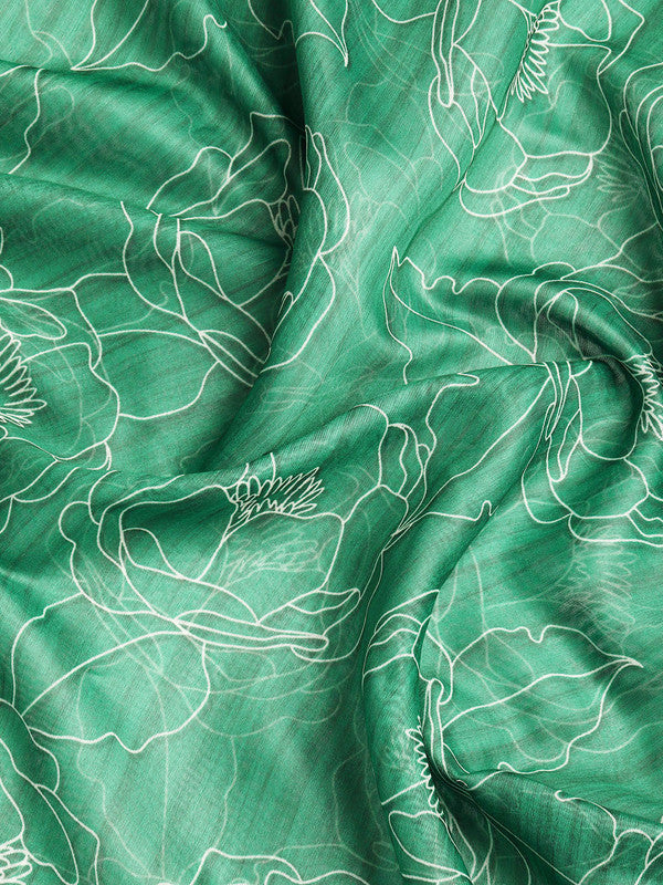 Green Silk Cotton Printed Floral Saree with Unstitched Blouse - Hiral Fashion - Distacart