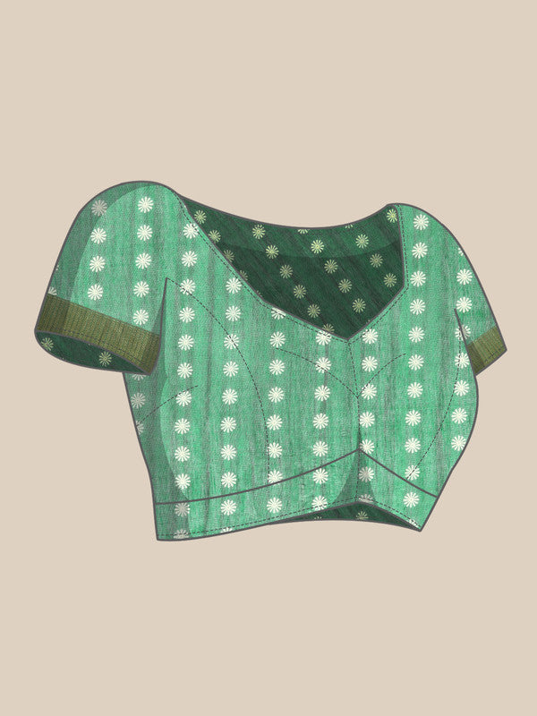 Green Silk Cotton Printed Floral Saree with Unstitched Blouse - Hiral Fashion - Distacart