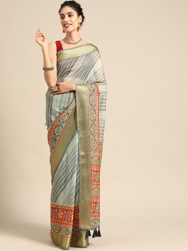 Gray Silk Cotton Printed Striped Saree with Unstitched Blouse - Hiral Fashion - Distacart