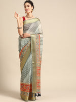 Thumbnail for Gray Silk Cotton Printed Striped Saree with Unstitched Blouse - Hiral Fashion - Distacart