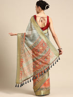 Thumbnail for Gray Silk Cotton Printed Striped Saree with Unstitched Blouse - Hiral Fashion - Distacart