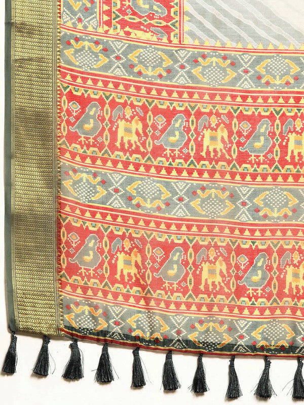 Gray Silk Cotton Printed Striped Saree with Unstitched Blouse - Hiral Fashion - Distacart