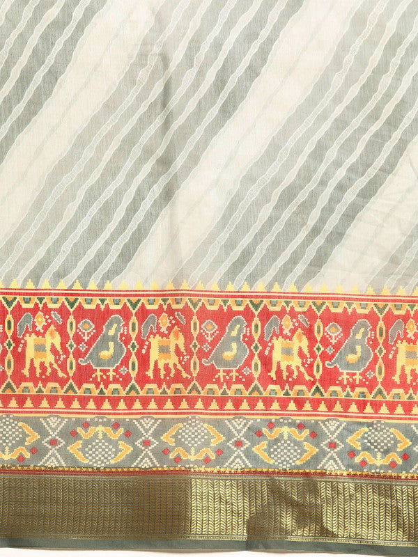 Gray Silk Cotton Printed Striped Saree with Unstitched Blouse - Hiral Fashion - Distacart