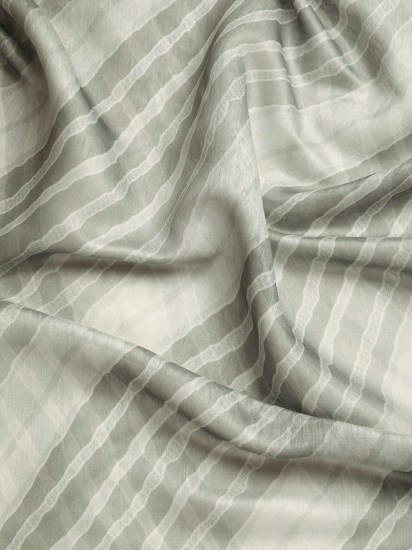 Gray Silk Cotton Printed Striped Saree with Unstitched Blouse - Hiral Fashion - Distacart