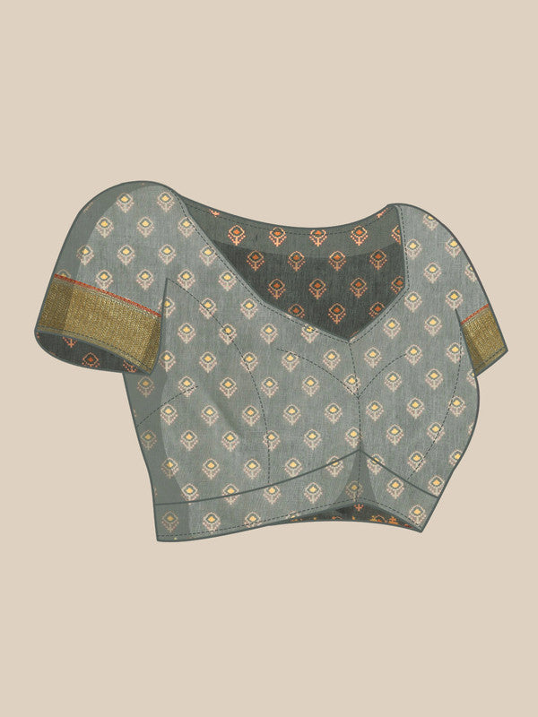 Gray Silk Cotton Printed Striped Saree with Unstitched Blouse - Hiral Fashion - Distacart