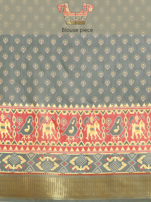 Gray Silk Cotton Printed Striped Saree with Unstitched Blouse - Hiral Fashion - Distacart