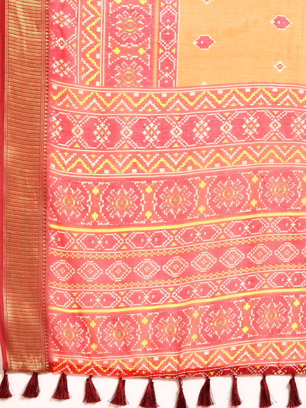 Mustard Silk Cotton Printed Floral Saree with Unstitched Blouse - Hiral Fashion - Distacart