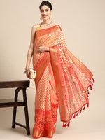 Thumbnail for Orange Silk Cotton Printed Striped Saree with Unstitched Blouse - Hiral Fashion - Distacart