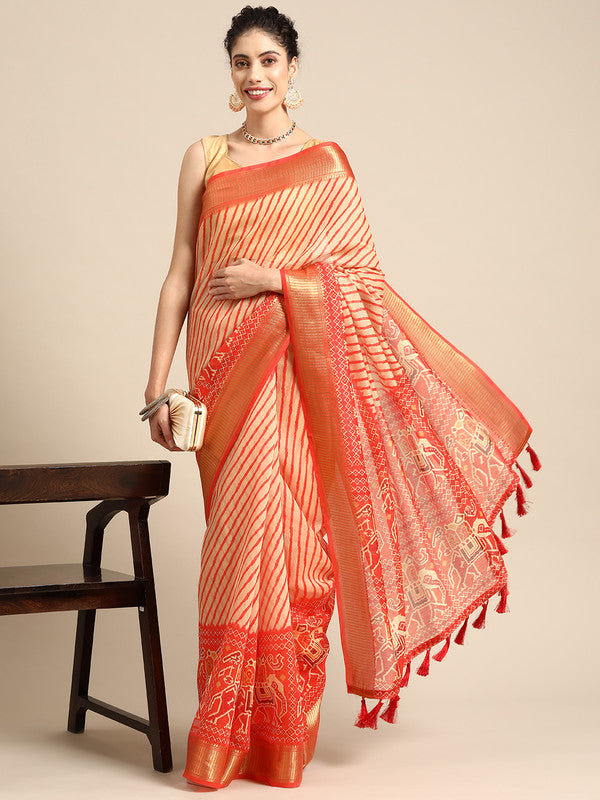 Orange Silk Cotton Printed Striped Saree with Unstitched Blouse - Hiral Fashion - Distacart
