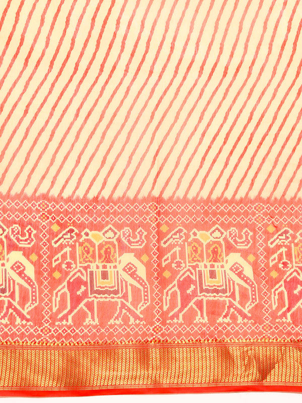 Orange Silk Cotton Printed Striped Saree with Unstitched Blouse - Hiral Fashion - Distacart