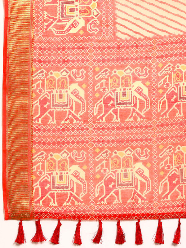 Orange Silk Cotton Printed Striped Saree with Unstitched Blouse - Hiral Fashion - Distacart