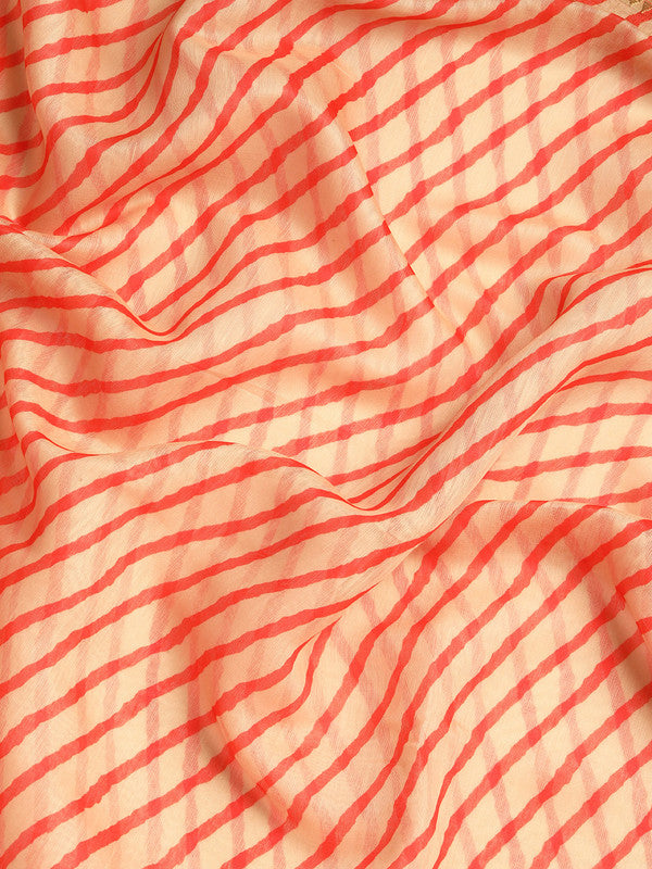 Orange Silk Cotton Printed Striped Saree with Unstitched Blouse - Hiral Fashion - Distacart